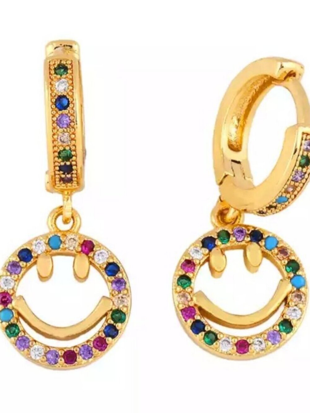 Happy Face Dangle Earrings | 18K Gold Plated | Colorful Cubic Zirconia
